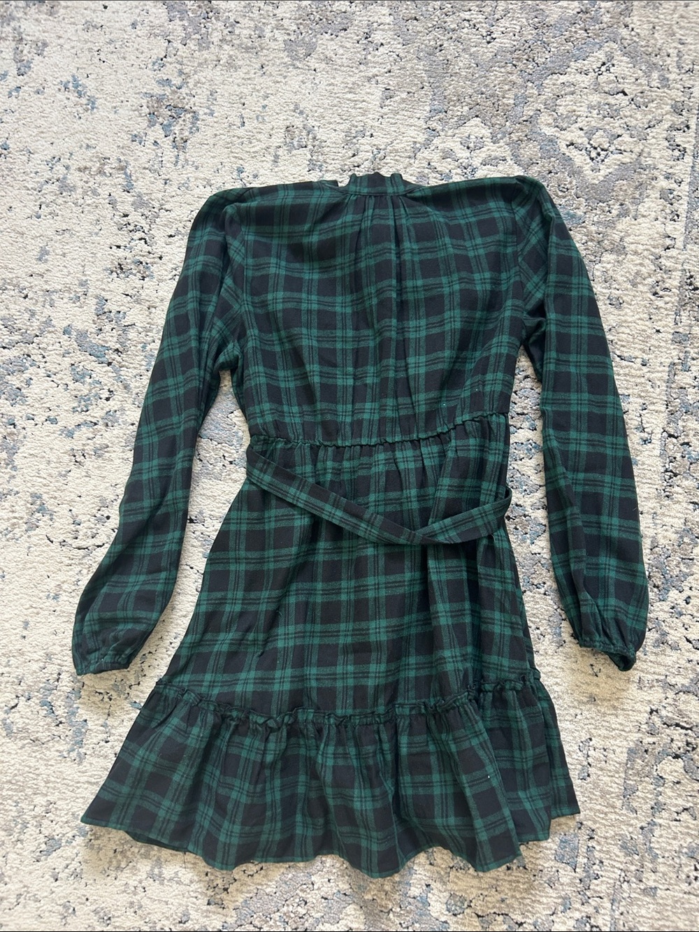 Dark Green Plaid Long-Sleeve Tie-Waist Dress